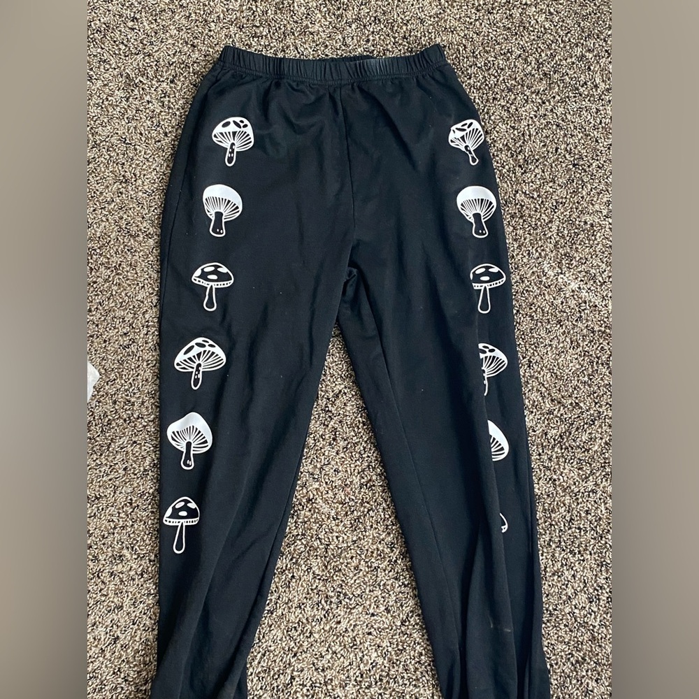 SHEIN Kids Black Joggers with Mushroom Design